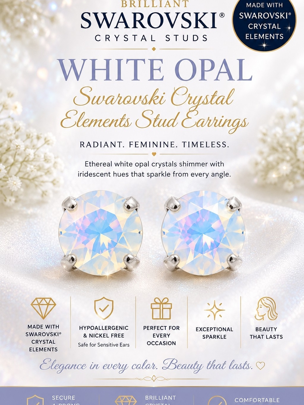 White Opal Crystal Stud Earrings — Iridescent White Opal